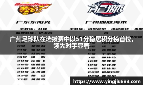 广州足球队在选拔赛中以51分稳居积分榜首位，领先对手显著